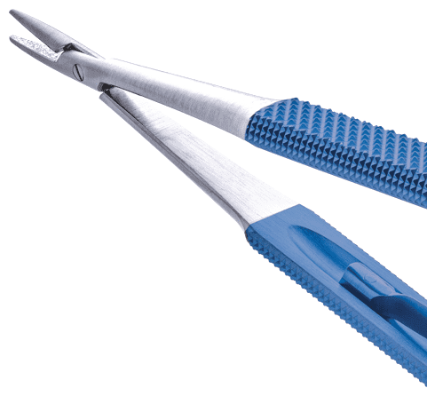 Detalhe da mandíbula de um porta-agulha de microcirurgia em titânio